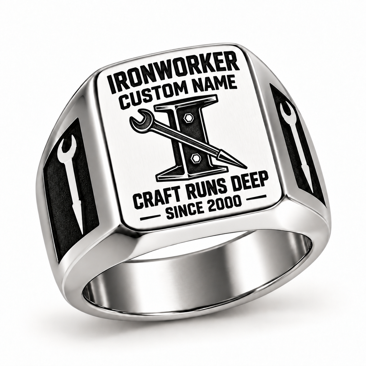 Silver-finish Ironworker Craft Runs Deep signet ring with dark bolted I-beam and pointed spud-wrench engraving