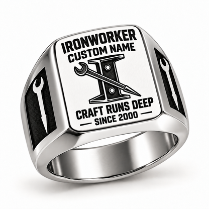 Silver-finish Ironworker Craft Runs Deep signet ring with dark bolted I-beam and pointed spud-wrench engraving