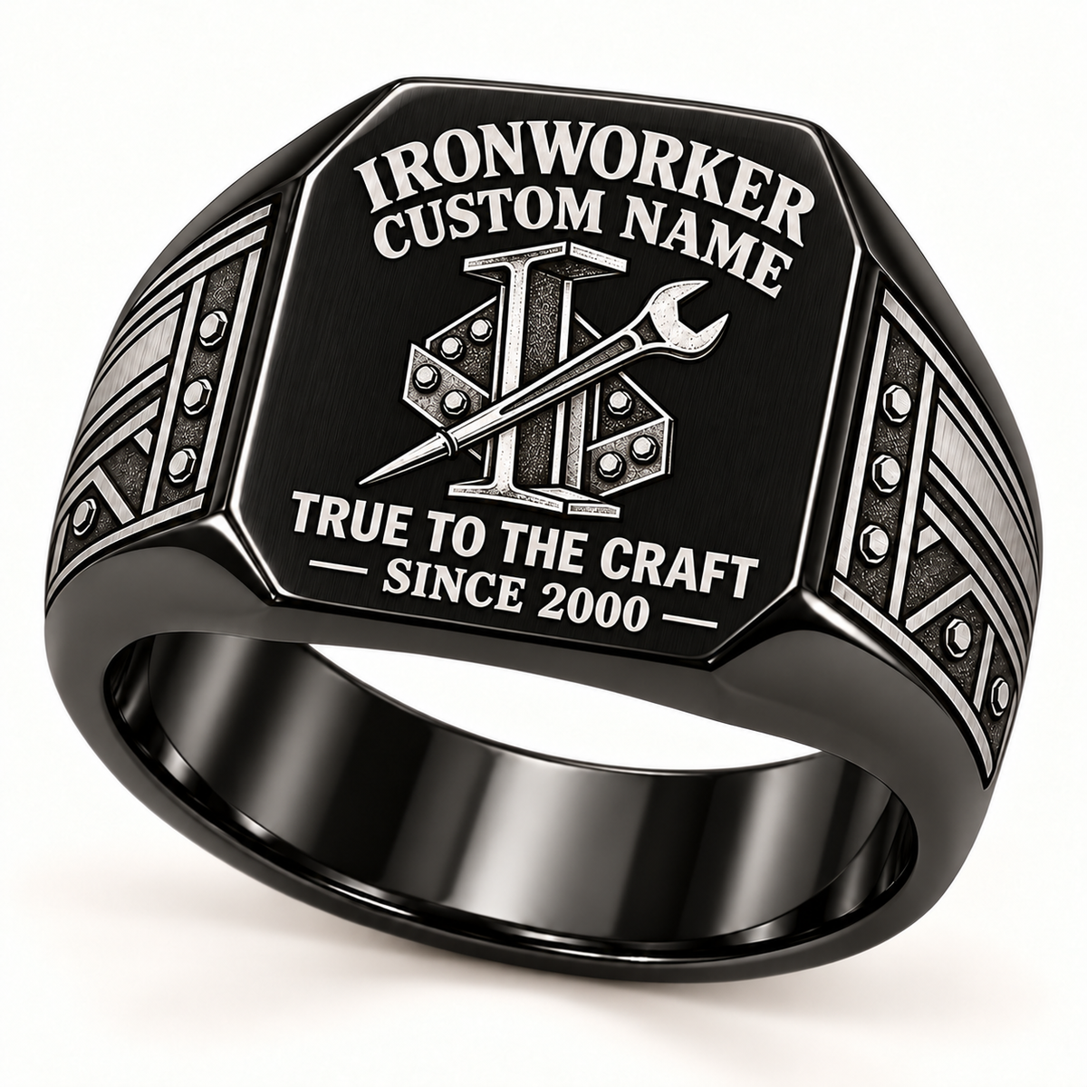 Black Ironworker True to the Craft ring with I-beam, pointed spud wrench and bolted steel connection artwork and bolted steel shoulder engraving