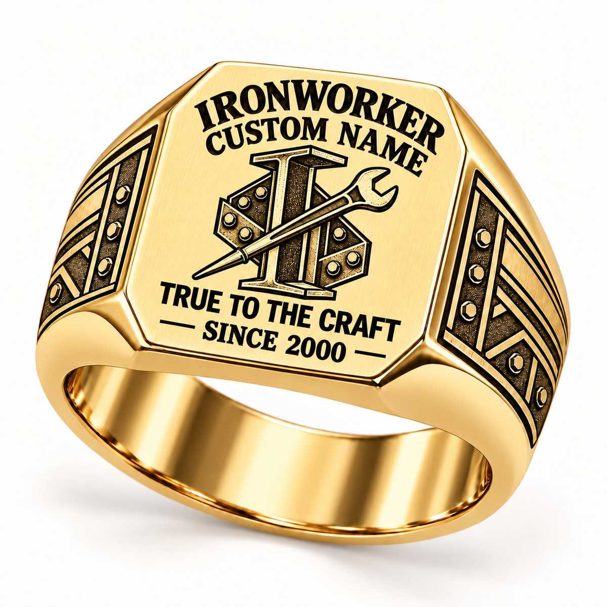 Gold Ironworker True to the Craft ring with I-beam, pointed spud wrench and bolted steel connection artwork and bolted steel shoulder engraving
