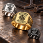 Gold-led diagonal display of Ironworker True to the Craft rings in Silver, Gold and Black at a structural-steel inspection bench