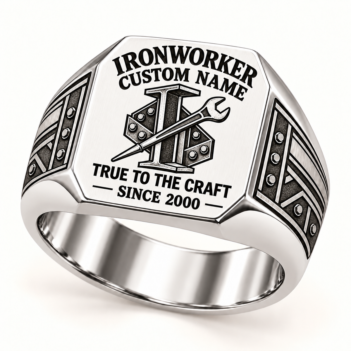 Silver Ironworker True to the Craft ring with I-beam, pointed spud wrench and bolted steel connection artwork and bolted steel shoulder engraving