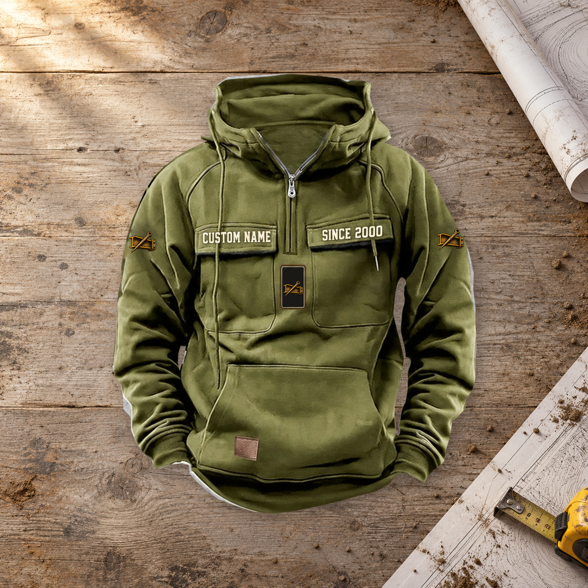 Ironworker Walk the Walk Badge Vintage Hoodie in Military Green on a warm planning workbench, single centered front view.