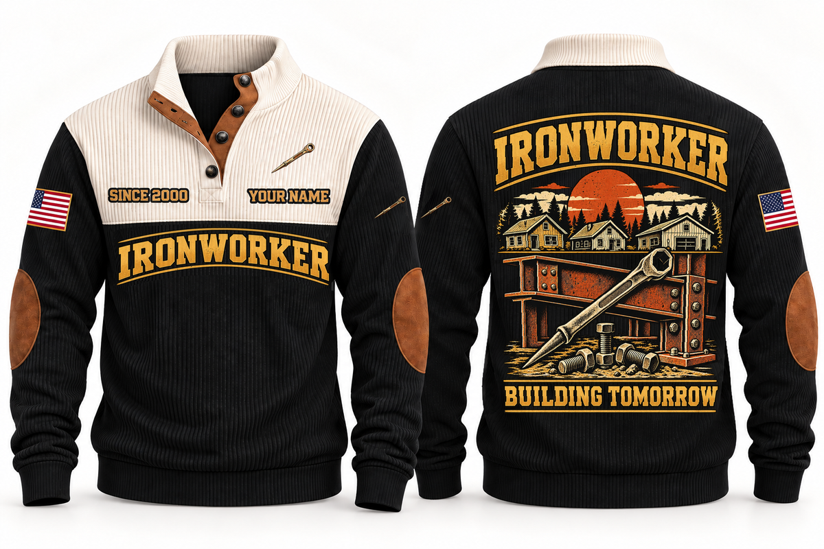 Ironworker Building Tomorrow Sports Sweatshirt in Black, front and back views with occupation artwork and original sample YOUR NAME and SINCE 2000 text