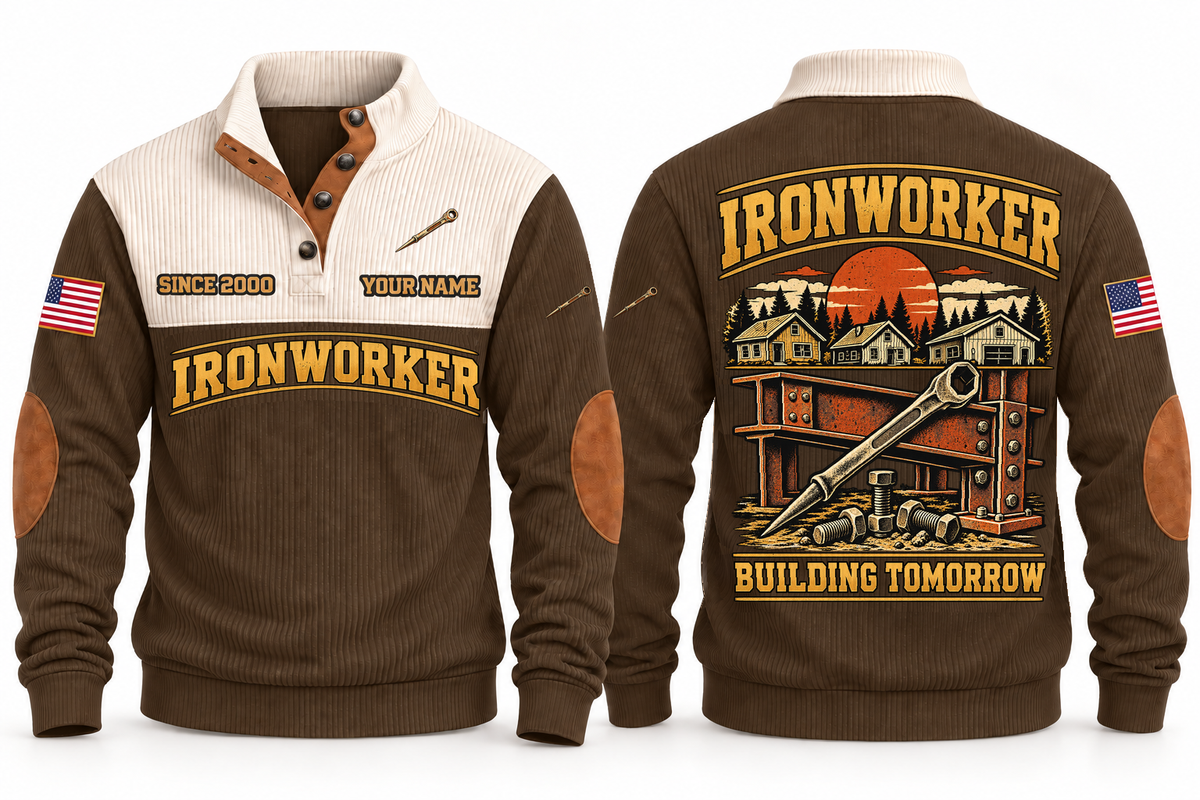 Ironworker Building Tomorrow Sports Sweatshirt in Brown, front and back views with occupation artwork and original sample YOUR NAME and SINCE 2000 text