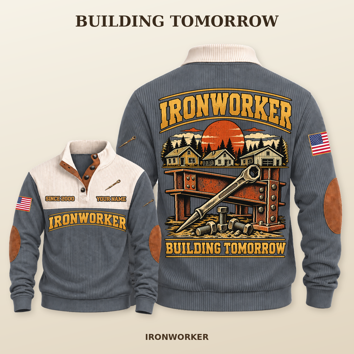 Ironworker Building Tomorrow Sports Sweatshirt in Grey, source-supported front and back studio composition