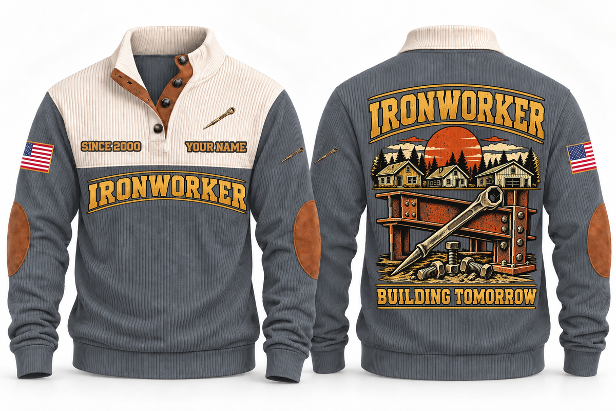 Ironworker Building Tomorrow Sports Sweatshirt in Grey, front and back views with occupation artwork and original sample YOUR NAME and SINCE 2000 text
