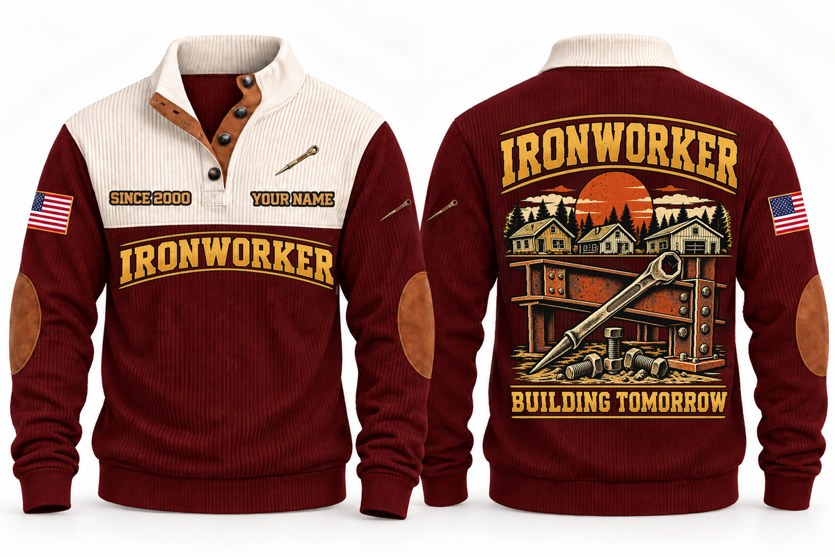 Ironworker Building Tomorrow Sports Sweatshirt in Jujube Red, front and back views with occupation artwork and original sample YOUR NAME and SINCE 2000 text
