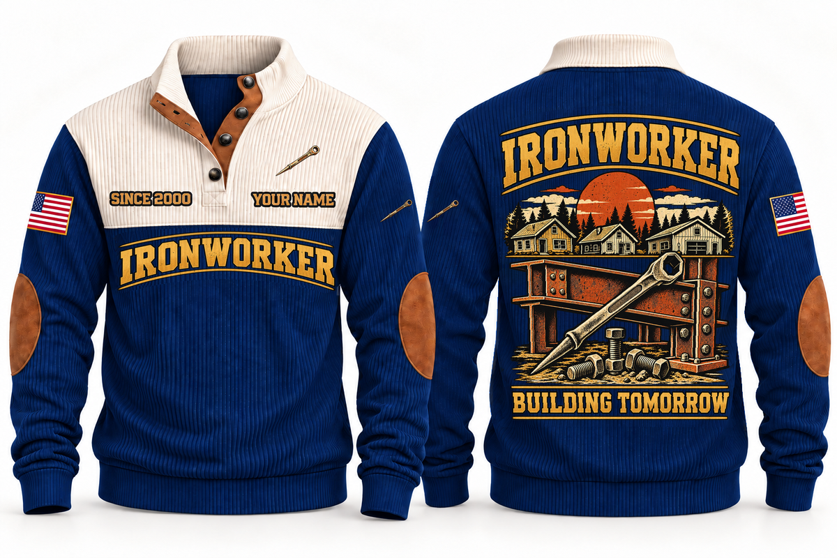 Ironworker Building Tomorrow Sports Sweatshirt in Navy, front and back views with occupation artwork and original sample YOUR NAME and SINCE 2000 text