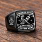 Black-finish Sprinkler Fitter Black Face Badge ring with fire-sprinkler head, pipe and wrench artwork, shoulder sprinkler emblem and illustrated CUSTOM NAME and SINCE 2000 text