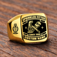 Gold-finish Sprinkler Fitter Black Face Badge ring with fire-sprinkler head, pipe and wrench artwork, shoulder sprinkler emblem and illustrated CUSTOM NAME and SINCE 2000 text