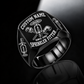 Black-finish Sprinkler Fitter Bold Lettering signet ring with fire-sprinkler, pipe-wrench and pipe-elbow engraving, and illustrated CUSTOM NAME and SINCE 2000 text