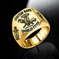 Gold-finish Sprinkler Fitter Bold Lettering signet ring with fire-sprinkler, pipe-wrench and pipe-elbow engraving, and illustrated CUSTOM NAME and SINCE 2000 text