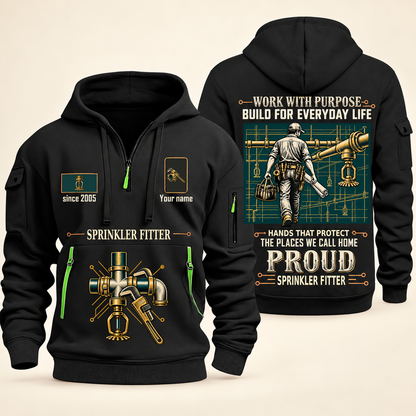 Sprinkler Fitter Built For The Everyday Quarter-Zip Hoodie in Black, full authentic front and back views with matching sprinkler fitter tools and equipment artwork, original sample name/year and Built For The Everyday planning theme.