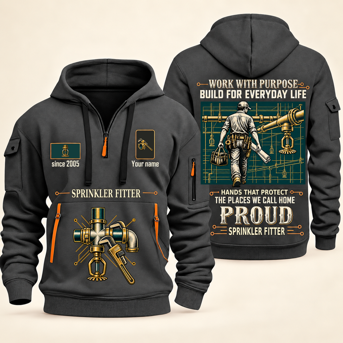 Sprinkler Fitter Built For The Everyday Quarter-Zip Hoodie in Gray, full authentic front and back views with matching sprinkler fitter tools and equipment artwork, original sample name/year and Built For The Everyday planning theme.