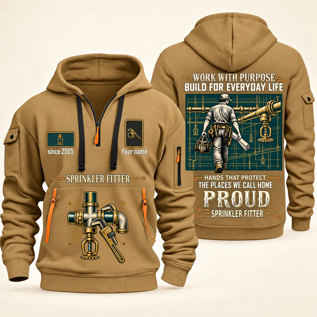 Sprinkler Fitter Built For The Everyday Quarter-Zip Hoodie in Khaki, full authentic front and back views with matching sprinkler fitter tools and equipment artwork, original sample name/year and Built For The Everyday planning theme.