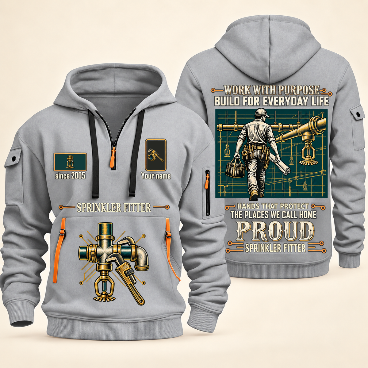 Sprinkler Fitter Built For The Everyday Quarter-Zip Hoodie in Light Grey, full authentic front and back views with matching sprinkler fitter tools and equipment artwork, original sample name/year and Built For The Everyday planning theme.