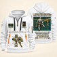 Sprinkler Fitter Built For The Everyday Quarter-Zip Hoodie in White, full authentic front and back views with matching sprinkler fitter tools and equipment artwork, original sample name/year and Built For The Everyday planning theme.