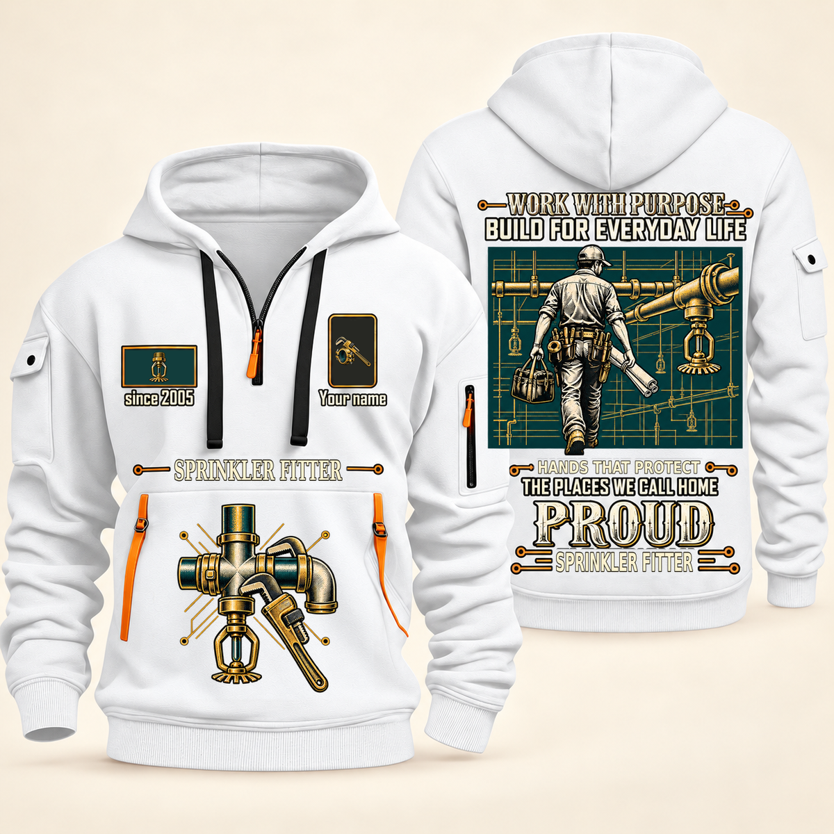 Sprinkler Fitter Built For The Everyday Quarter-Zip Hoodie in White, full authentic front and back views with matching sprinkler fitter tools and equipment artwork, original sample name/year and Built For The Everyday planning theme.