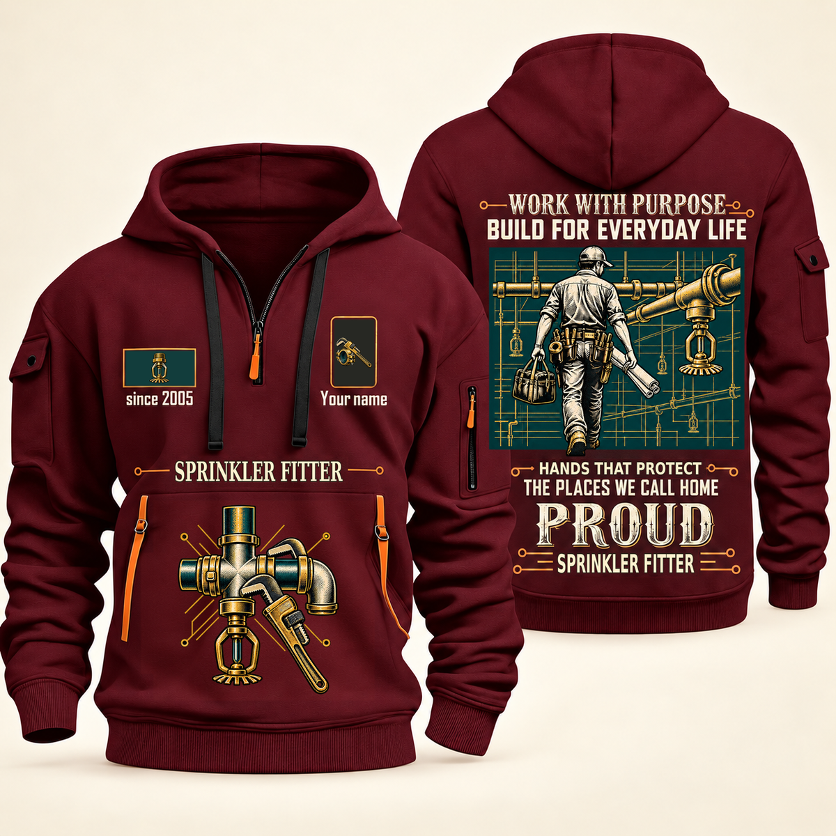Sprinkler Fitter Built For The Everyday Quarter-Zip Hoodie in Wine Red, full authentic front and back views with matching sprinkler fitter tools and equipment artwork, original sample name/year and Built For The Everyday planning theme.