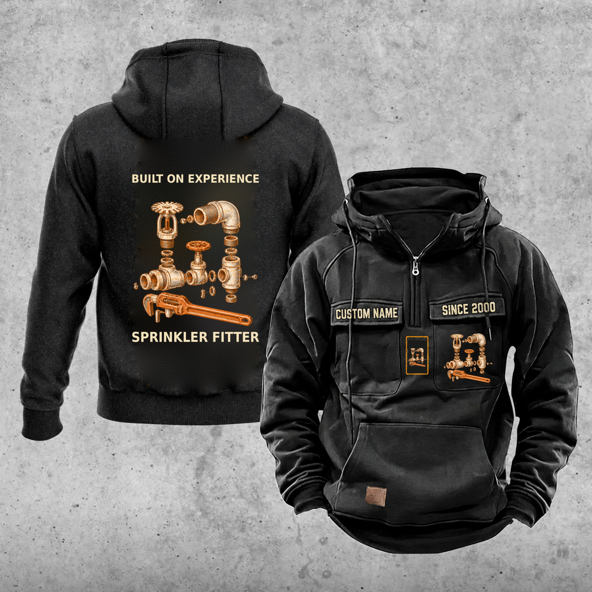 Sprinkler Fitter Built on Experience Vintage Hoodie — Black; faithful original Vintage Hoodie front and back artwork; CUSTOM NAME and SINCE 2000 on front chest.