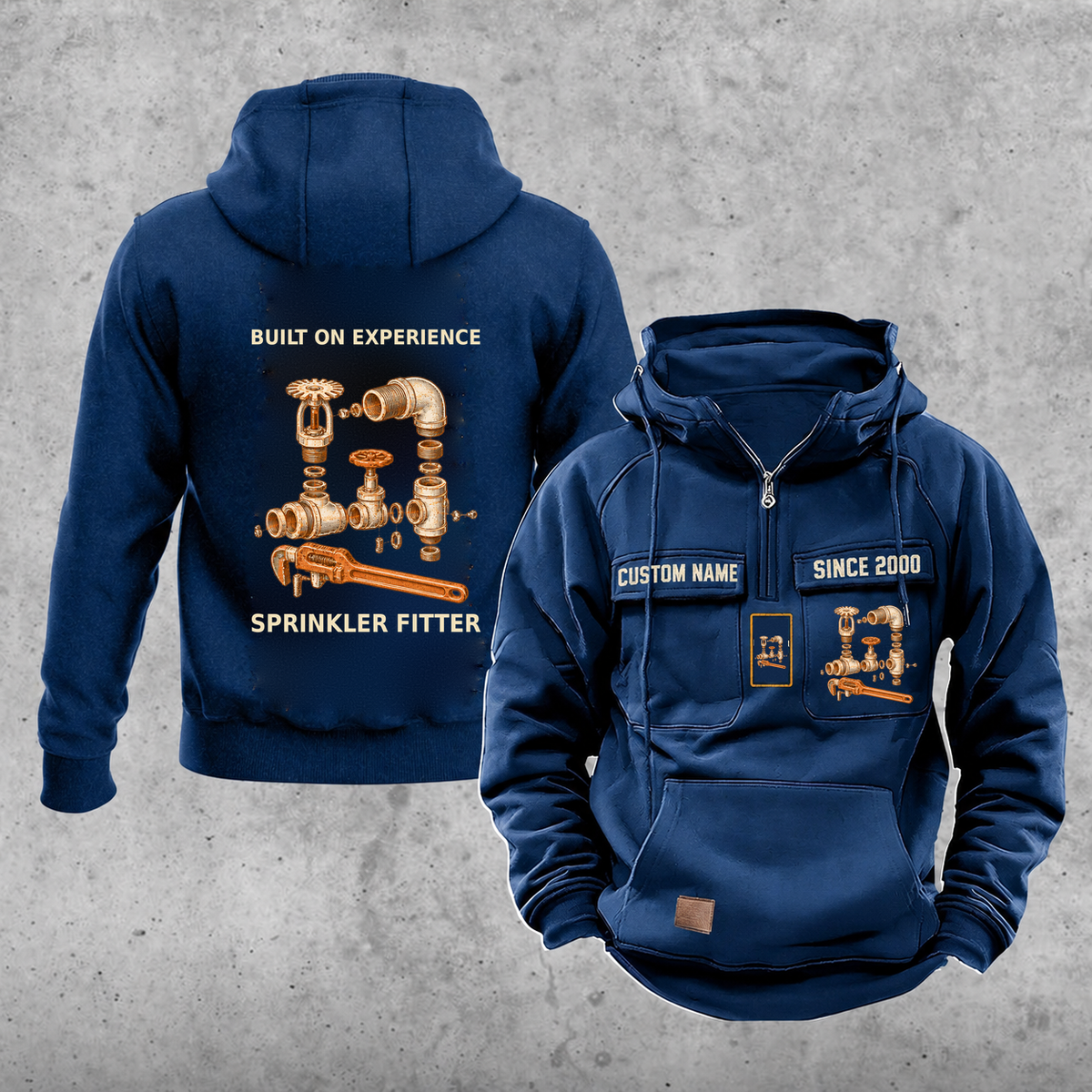 Sprinkler Fitter Built on Experience Vintage Hoodie — Dark Blue; faithful original Vintage Hoodie front and back artwork; CUSTOM NAME and SINCE 2000 on front chest.