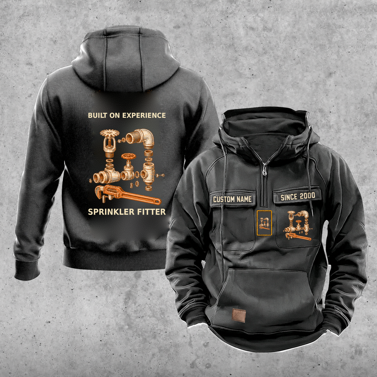 Sprinkler Fitter Built on Experience Vintage Hoodie — Dark Gray; faithful original Vintage Hoodie front and back artwork; CUSTOM NAME and SINCE 2000 on front chest.