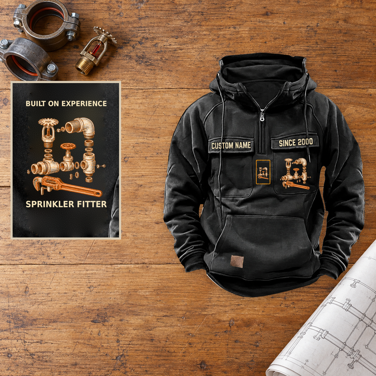 Sprinkler Fitter Built on Experience Vintage Hoodie — Hero; faithful original Vintage Hoodie front and back artwork; CUSTOM NAME and SINCE 2000 on front chest.