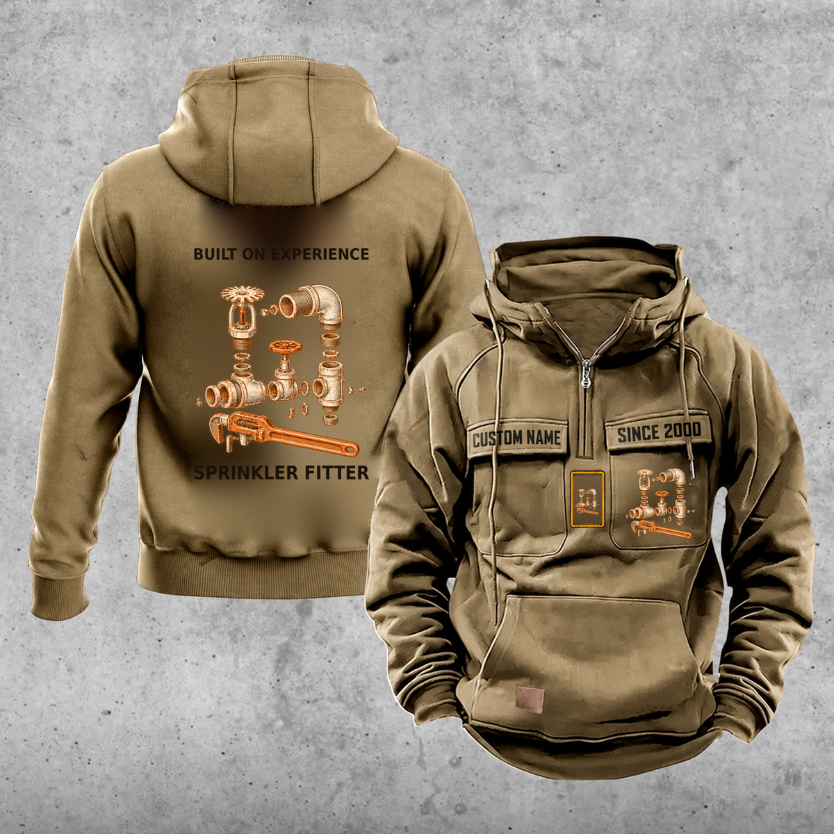 Sprinkler Fitter Built on Experience Vintage Hoodie — Khaki; faithful original Vintage Hoodie front and back artwork; CUSTOM NAME and SINCE 2000 on front chest.