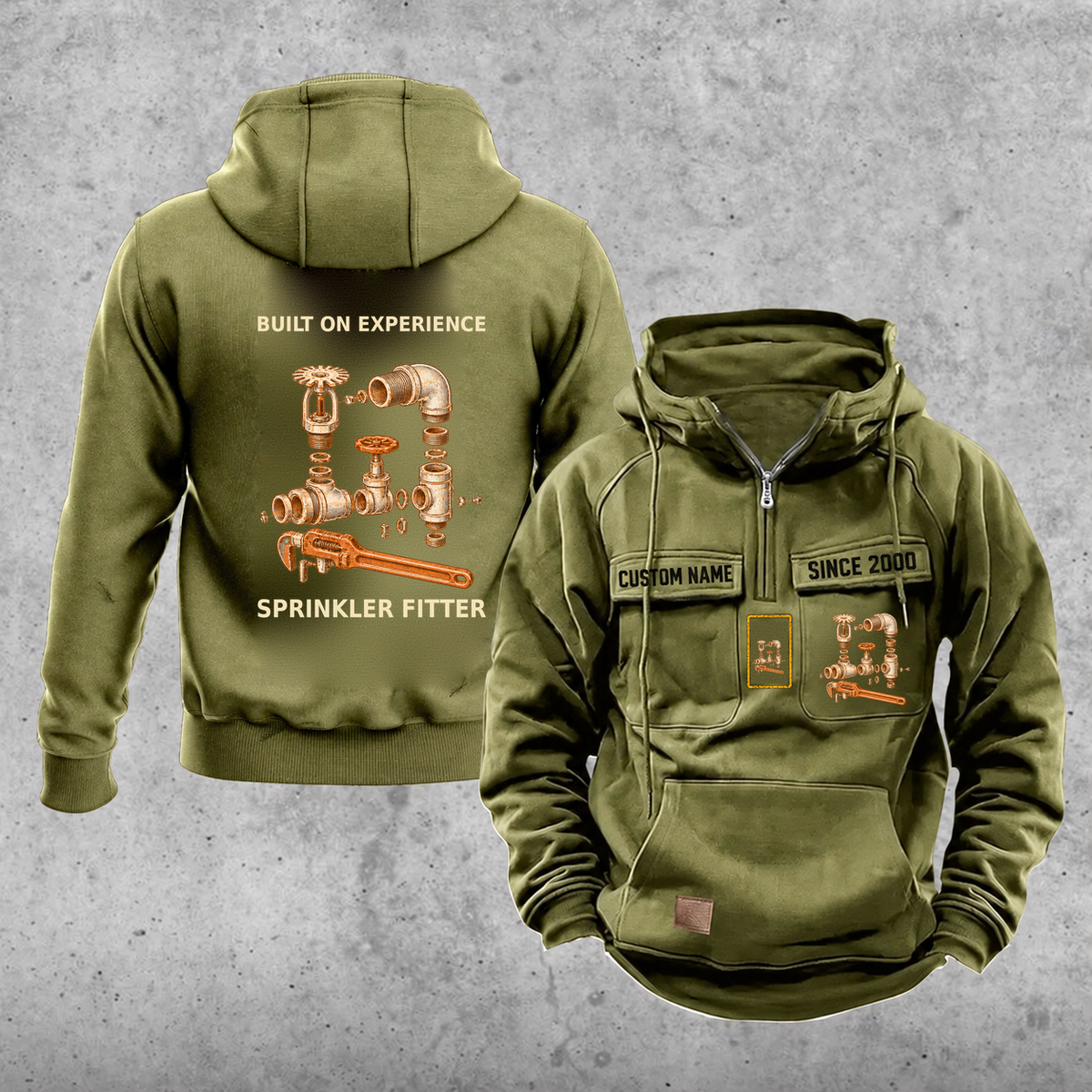 Sprinkler Fitter Built on Experience Vintage Hoodie — Olive Green; faithful original Vintage Hoodie front and back artwork; CUSTOM NAME and SINCE 2000 on front chest.