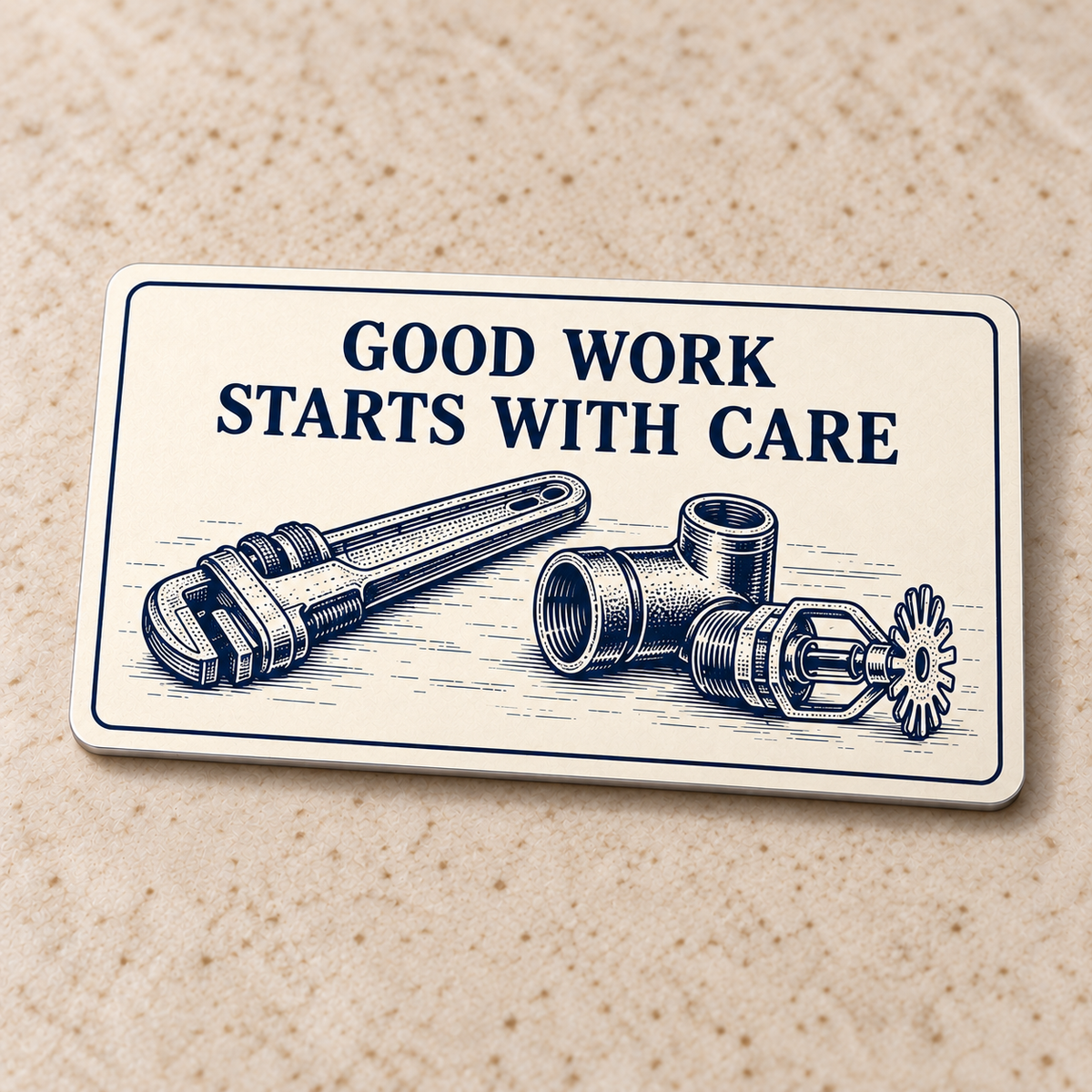 Ivory reverse of the Sprinkler Fitter Built by Hand aluminum wallet card, with Good Work Starts with Care lettering, pipe wrench, threaded fitting and fire sprinkler head linework.