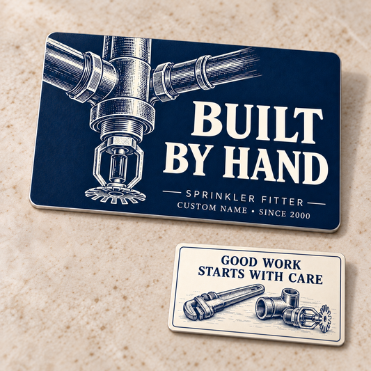 Sprinkler Fitter Built by Hand Aluminum Wallet Card – product view with CUSTOM NAME and SINCE 2000