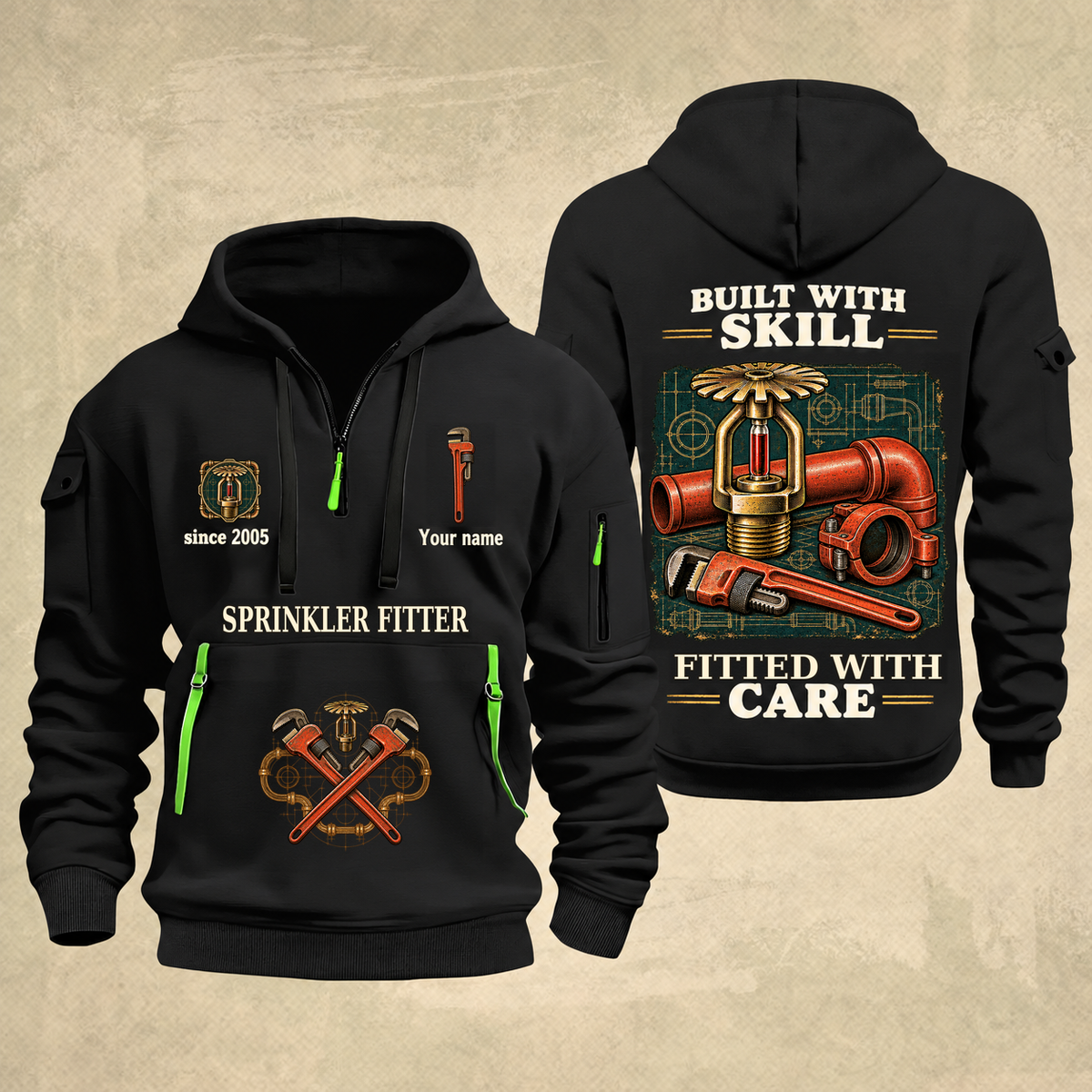 Sprinkler Fitter Built With Skill Quarter-Zip Hoodie in Black, full authentic front and back views with matching sprinkler fitter tools and equipment artwork, original sample name/year and Built With Skill slogan.