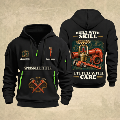 Sprinkler Fitter Built With Skill Quarter-Zip Hoodie in Black, full authentic front and back views with matching sprinkler fitter tools and equipment artwork, original sample name/year and Built With Skill slogan.