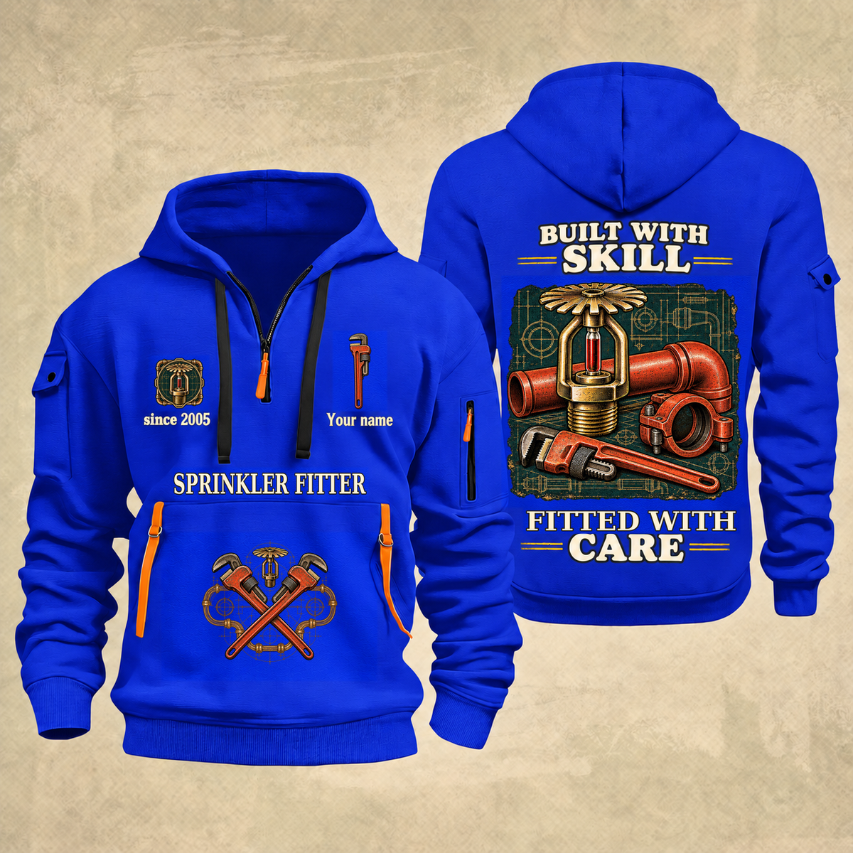 Sprinkler Fitter Built With Skill Quarter-Zip Hoodie in Blue, full authentic front and back views with matching sprinkler fitter tools and equipment artwork, original sample name/year and Built With Skill slogan.