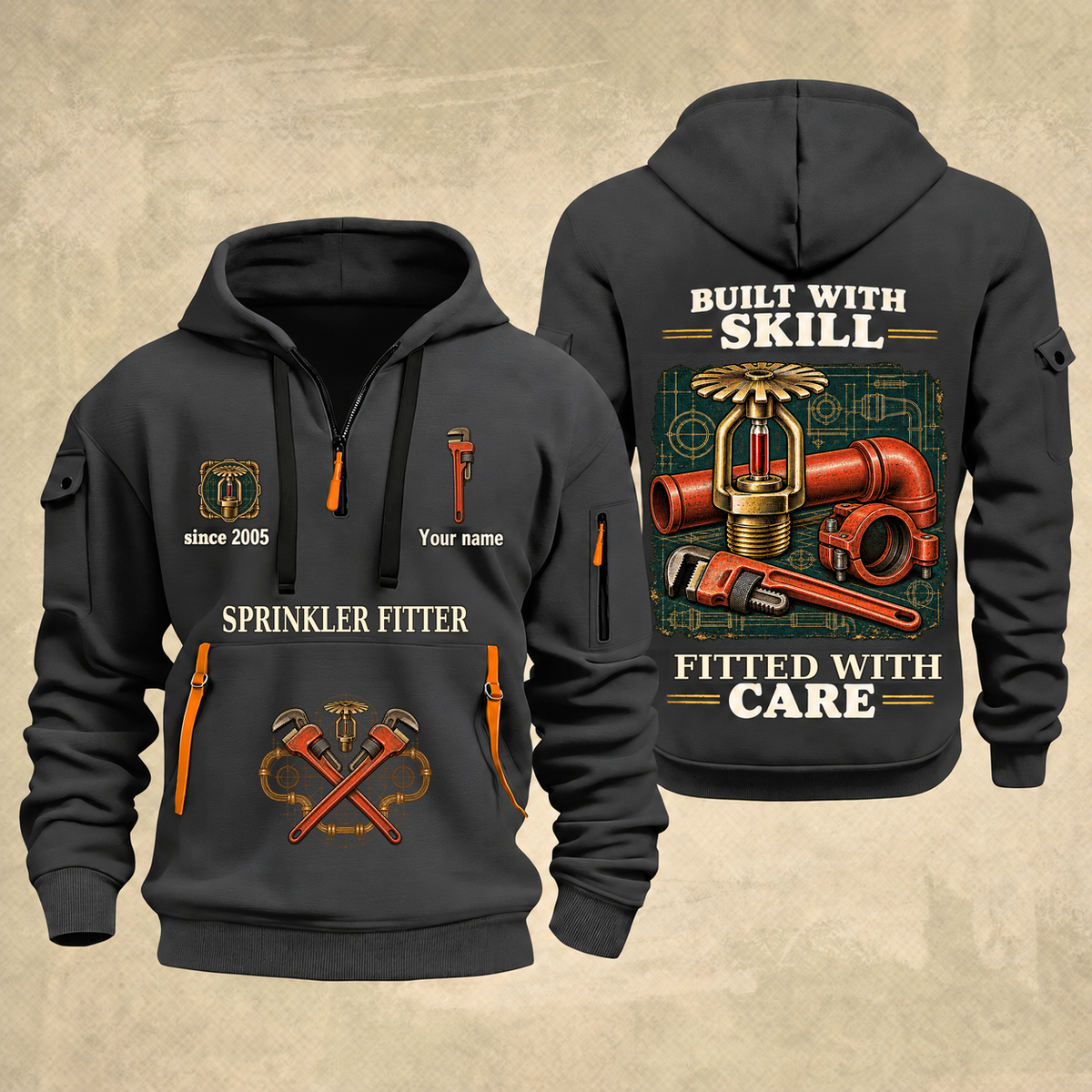 Sprinkler Fitter Built With Skill Quarter-Zip Hoodie in Gray, full authentic front and back views with matching sprinkler fitter tools and equipment artwork, original sample name/year and Built With Skill slogan.