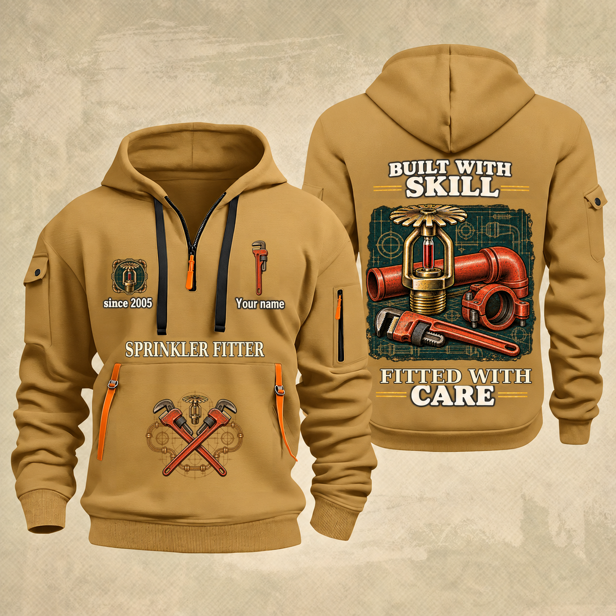 Sprinkler Fitter Built With Skill Quarter-Zip Hoodie in Khaki, full authentic front and back views with matching sprinkler fitter tools and equipment artwork, original sample name/year and Built With Skill slogan.
