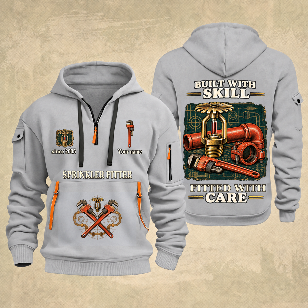 Sprinkler Fitter Built With Skill Quarter-Zip Hoodie in Light Grey, full authentic front and back views with matching sprinkler fitter tools and equipment artwork, original sample name/year and Built With Skill slogan.