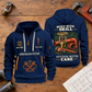 Sprinkler Fitter Built With Skill Quarter-Zip Hoodie in Navy, full authentic front and back views with matching sprinkler fitter tools and equipment artwork, original sample name/year and Built With Skill slogan. On a sprinkler fitter workbench.