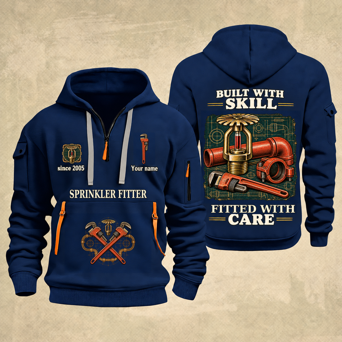 Sprinkler Fitter Built With Skill Quarter-Zip Hoodie in Navy, full authentic front and back views with matching sprinkler fitter tools and equipment artwork, original sample name/year and Built With Skill slogan.