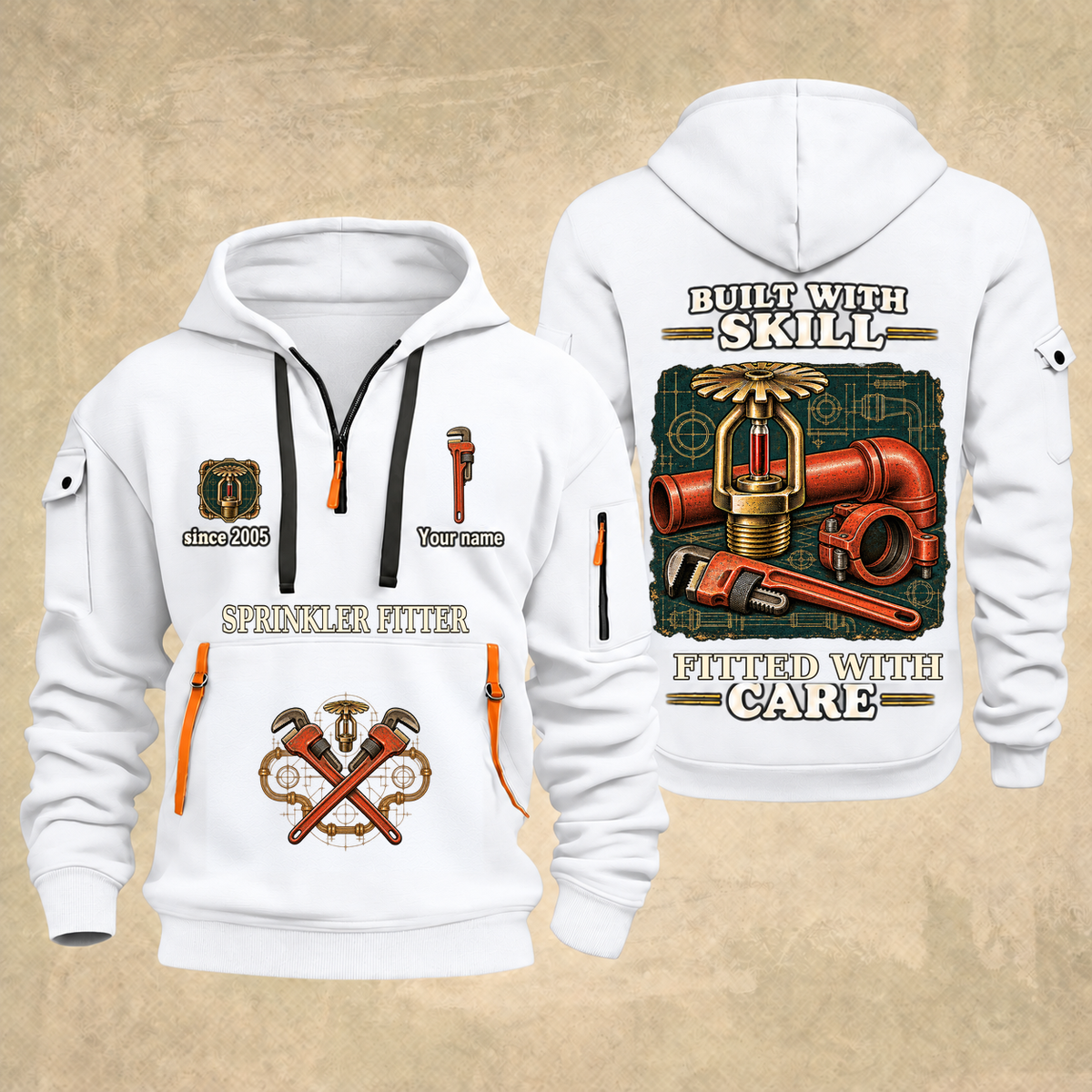 Sprinkler Fitter Built With Skill Quarter-Zip Hoodie in White, full authentic front and back views with matching sprinkler fitter tools and equipment artwork, original sample name/year and Built With Skill slogan.