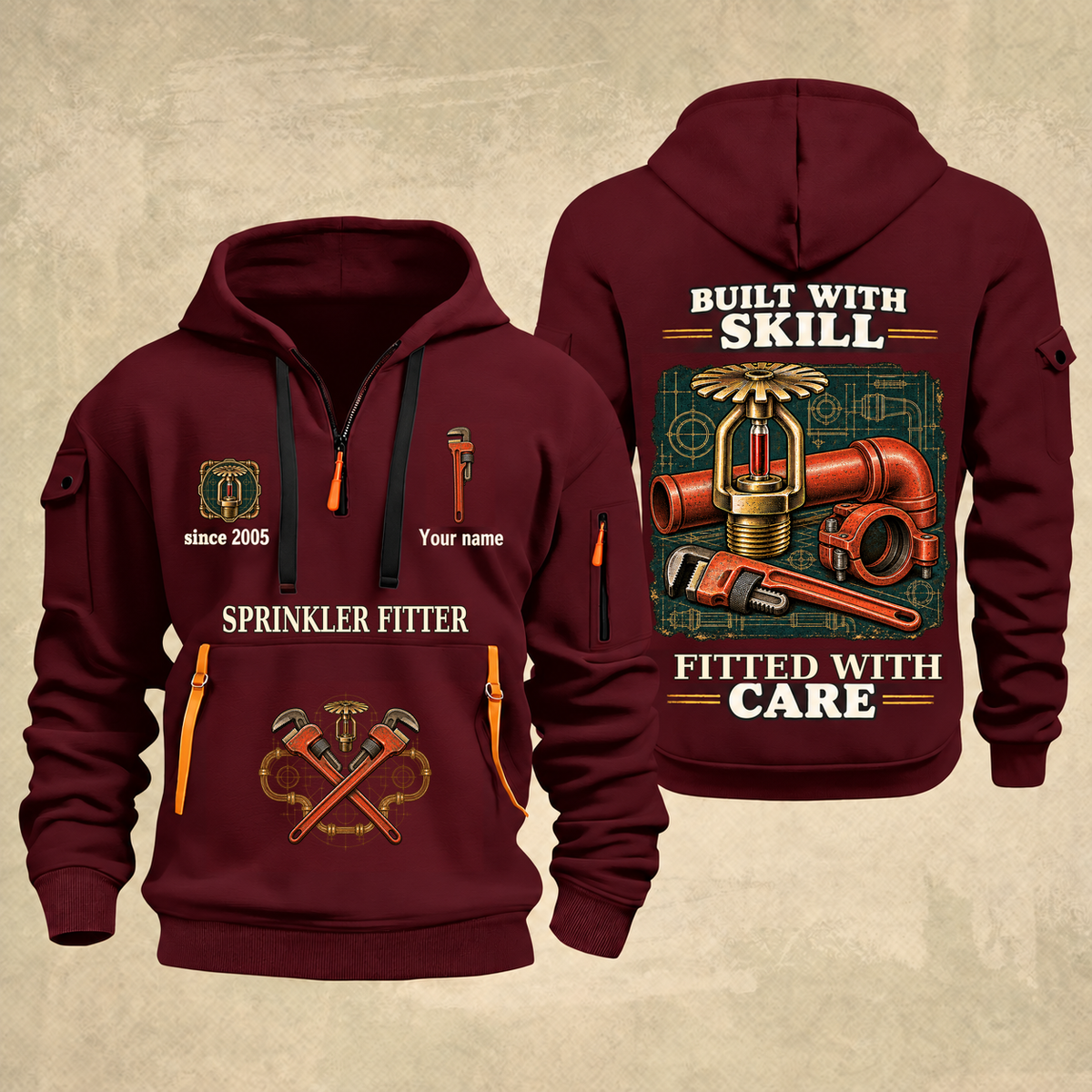 Sprinkler Fitter Built With Skill Quarter-Zip Hoodie in Wine Red, full authentic front and back views with matching sprinkler fitter tools and equipment artwork, original sample name/year and Built With Skill slogan.