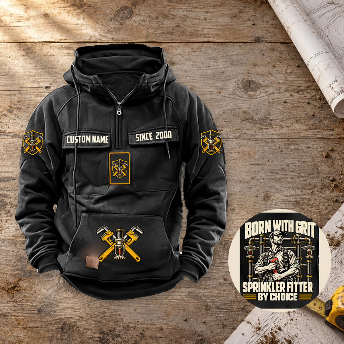 Sprinkler Fitter By Choice Vintage Hoodie in Black, dominant front detail inset on a workshop table.