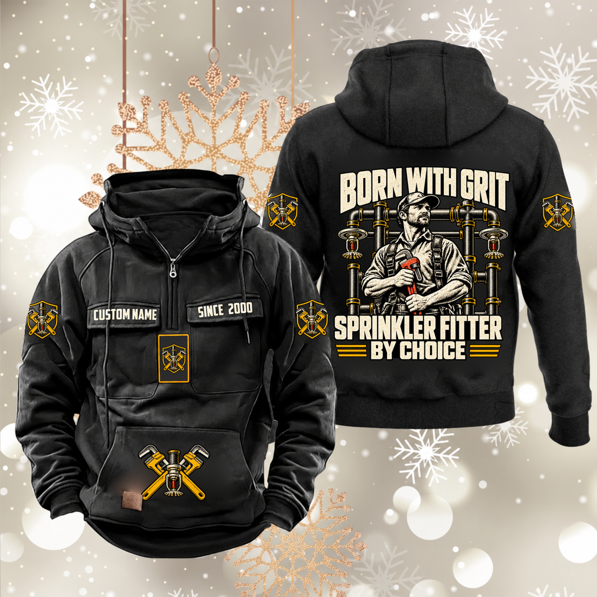 Sprinkler Fitter By Choice Vintage Hoodie in Black, front and back artwork views.