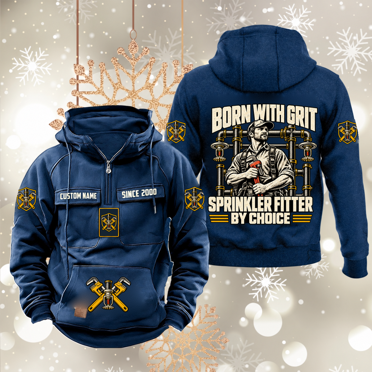 Sprinkler Fitter By Choice Vintage Hoodie in Dark Blue, front and back artwork views.