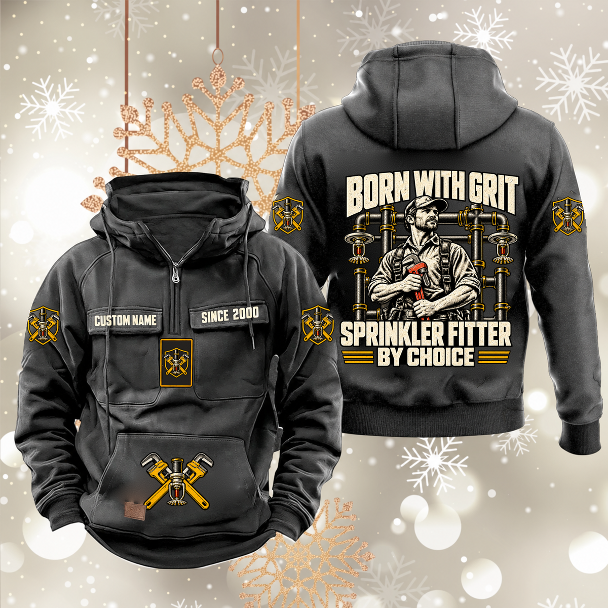 Sprinkler Fitter By Choice Vintage Hoodie in Dark Gray, front and back artwork views.