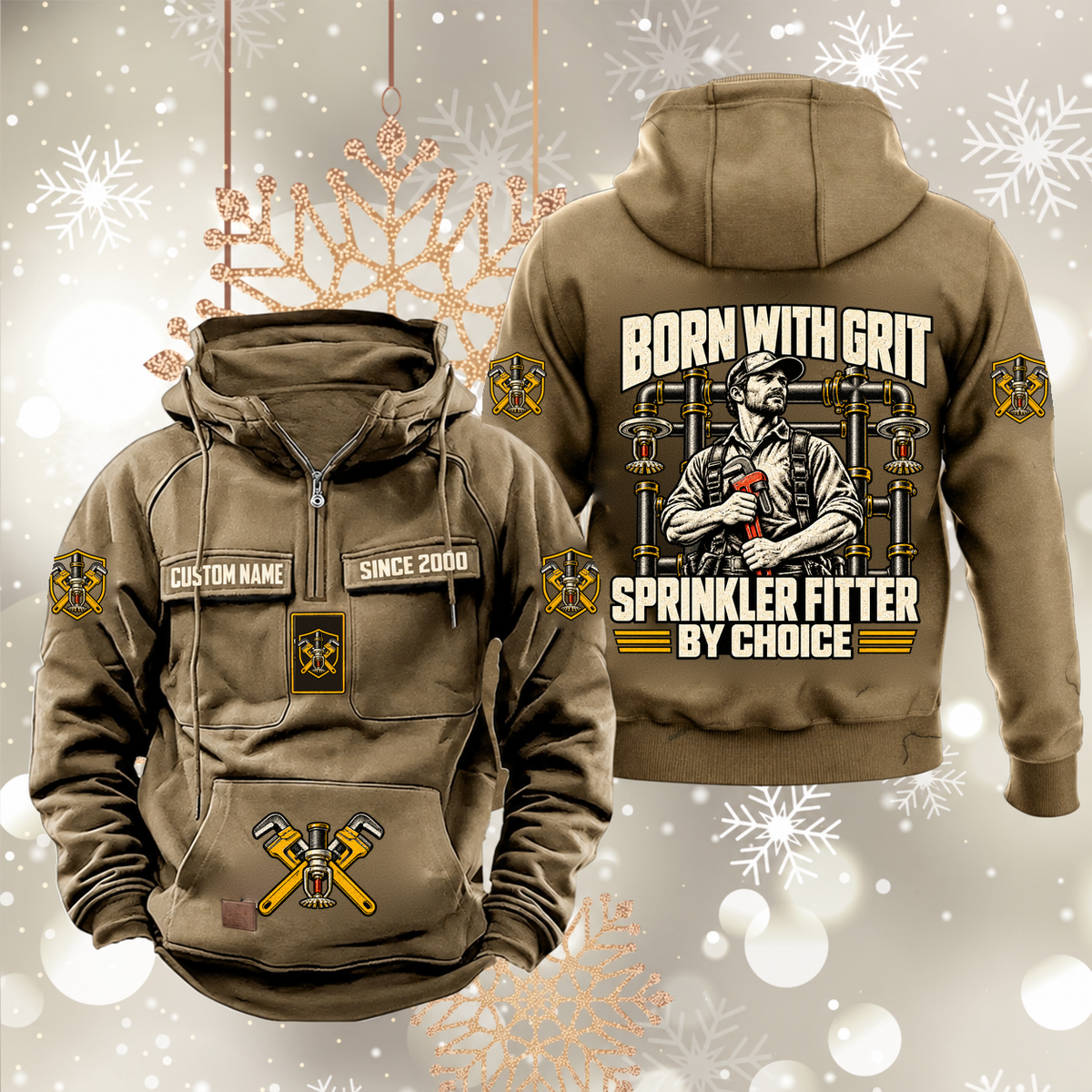 Sprinkler Fitter By Choice Vintage Hoodie in Kaki, front and back artwork views.