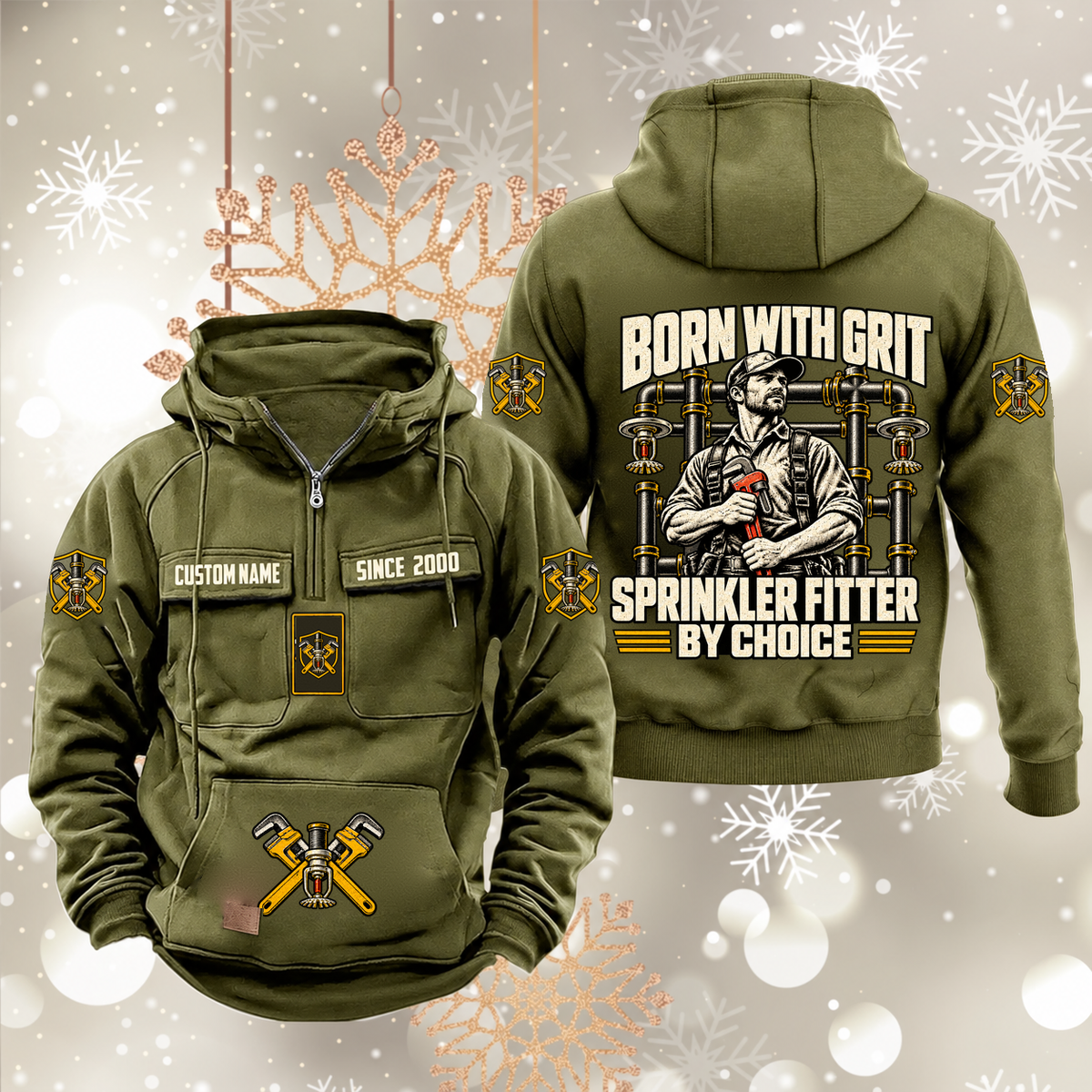 Sprinkler Fitter By Choice Vintage Hoodie in Military Green, front and back artwork views.