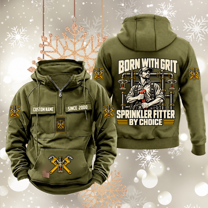 Sprinkler Fitter By Choice Vintage Hoodie in Military Green, front and back artwork views.