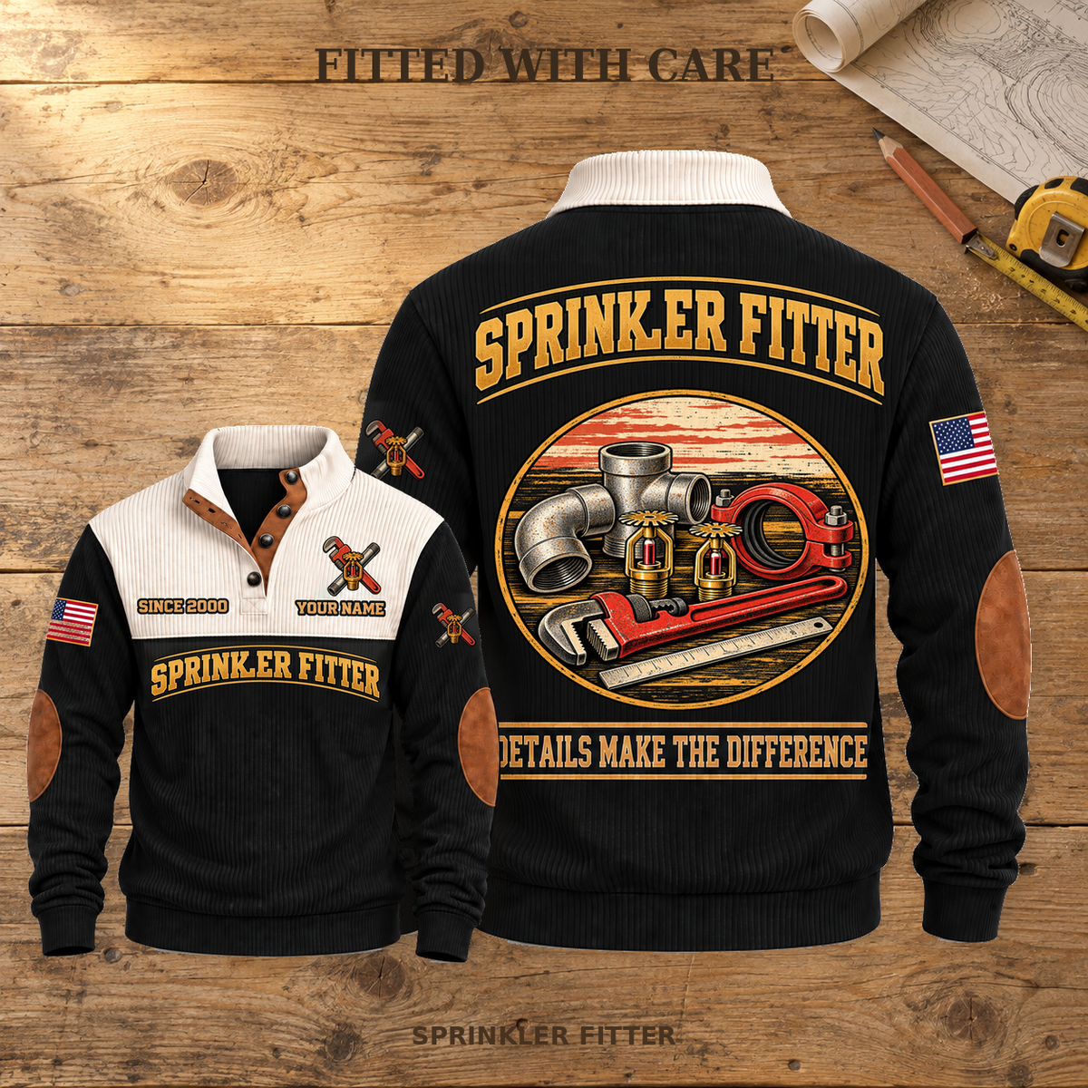 Sprinkler Fitter Fitted With Care Sports Sweatshirt in Black, source-faithful front and back views on a warm wooden workbench, with FITTED WITH CARE headline.